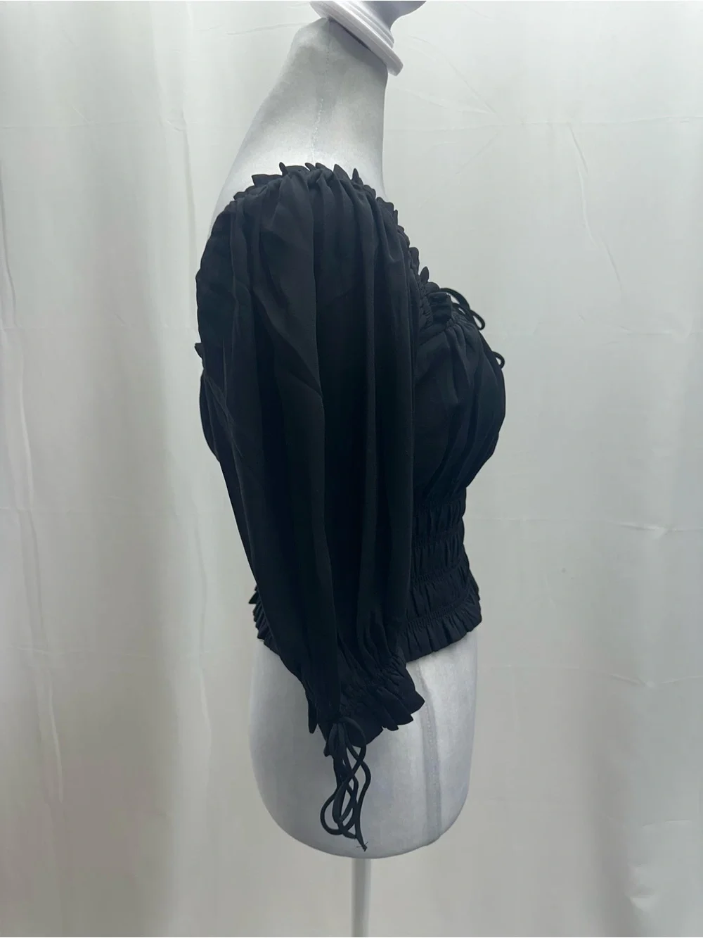 Abercrombie & Fitch Black Smocked Peasant Blouse with Tie Front S